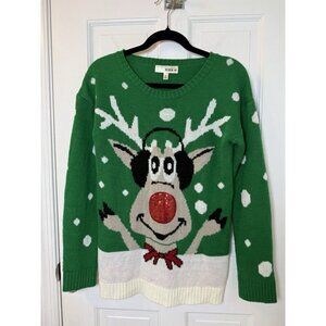 Love Derek Women's Size Large Green Red Nose Reindeer Holiday Pullover Sweater